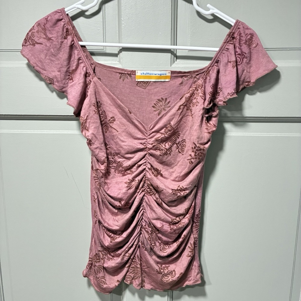 Station wage Women top Large ruched front short‎ sleeves dusty rose Y2K Casual